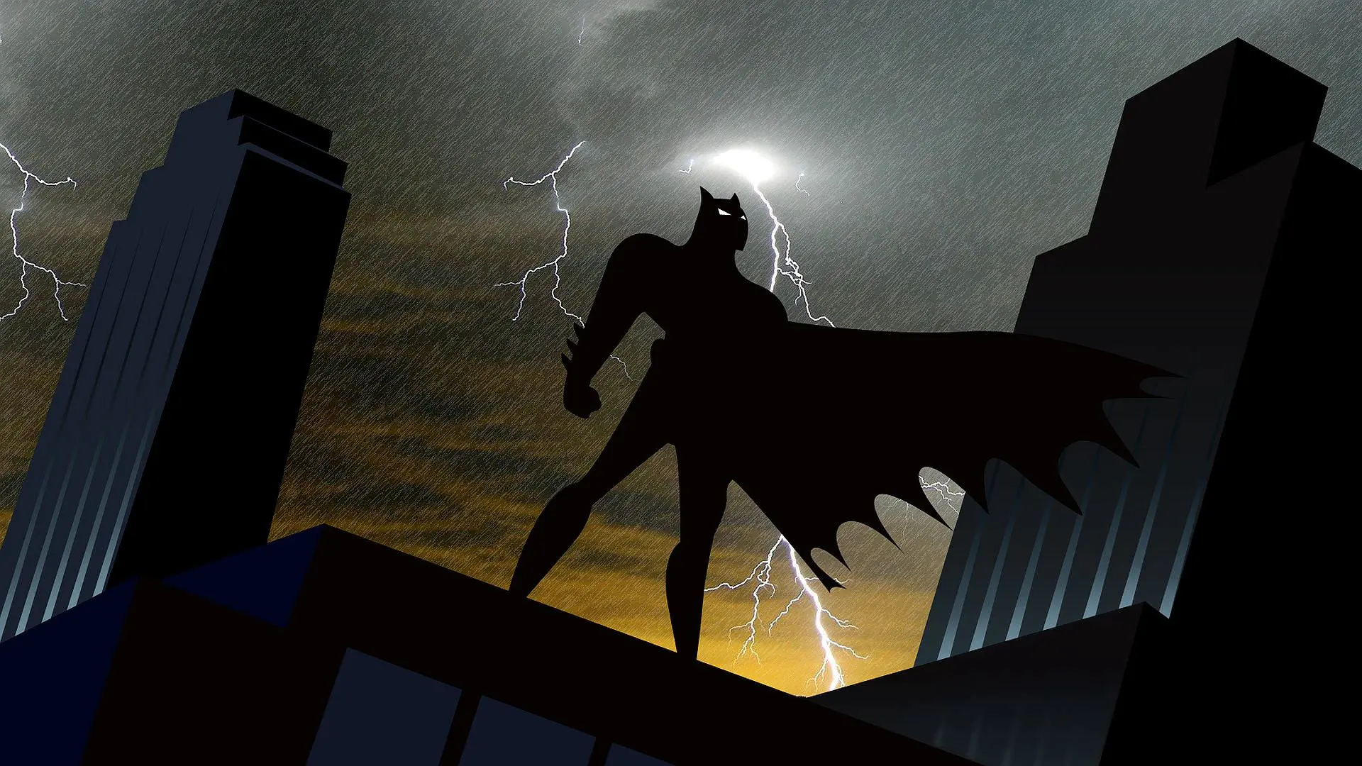 بتمن روی پشت بوم در یک هوای طوفانی در انیمیشن Batman: The Animated Series