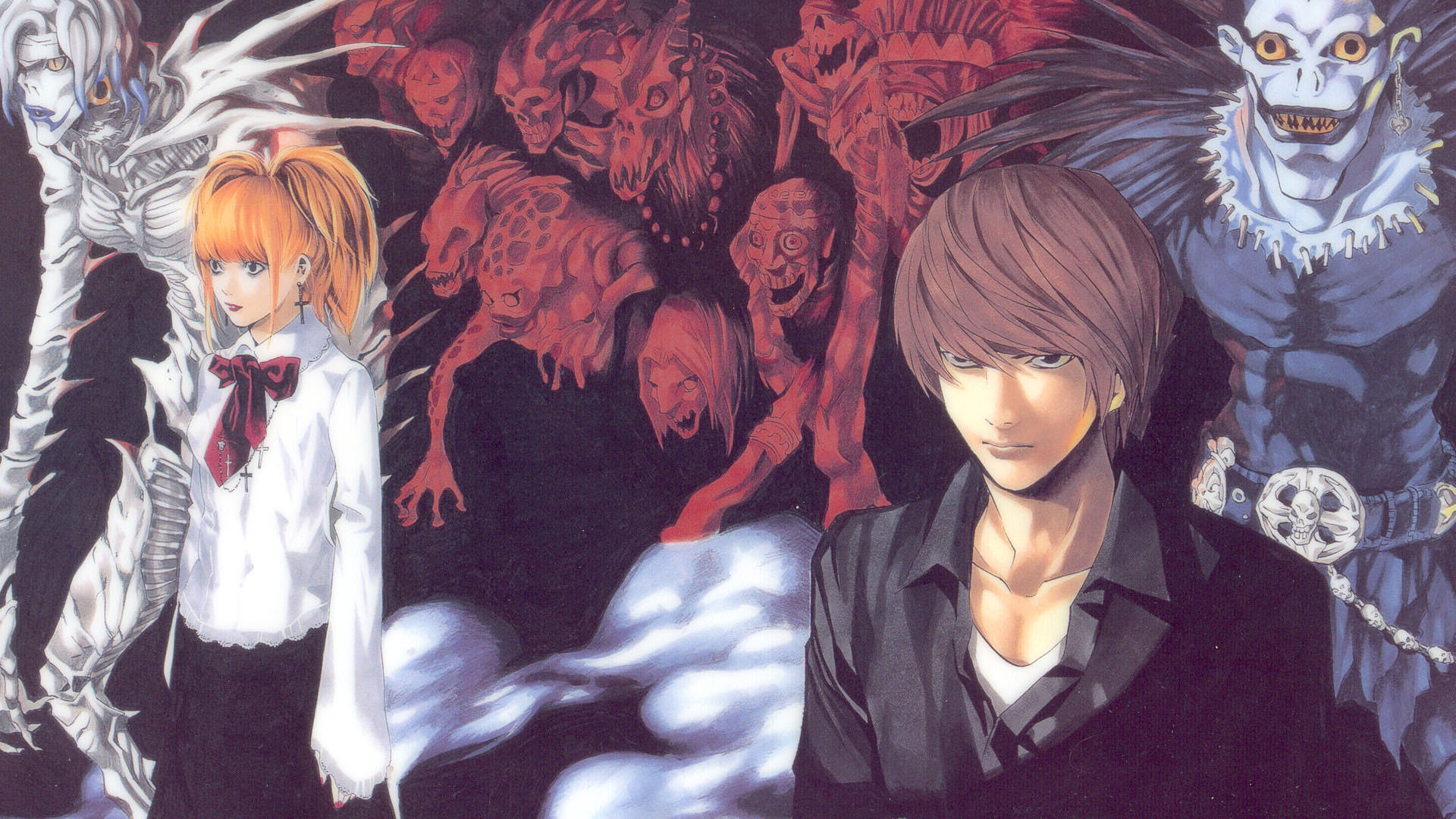 شخصیتا‌های یاگامی لایت، میسا، ریوک و شینیگامی‌هایی به رنگ قرمز از انیمه‌ی Death Note