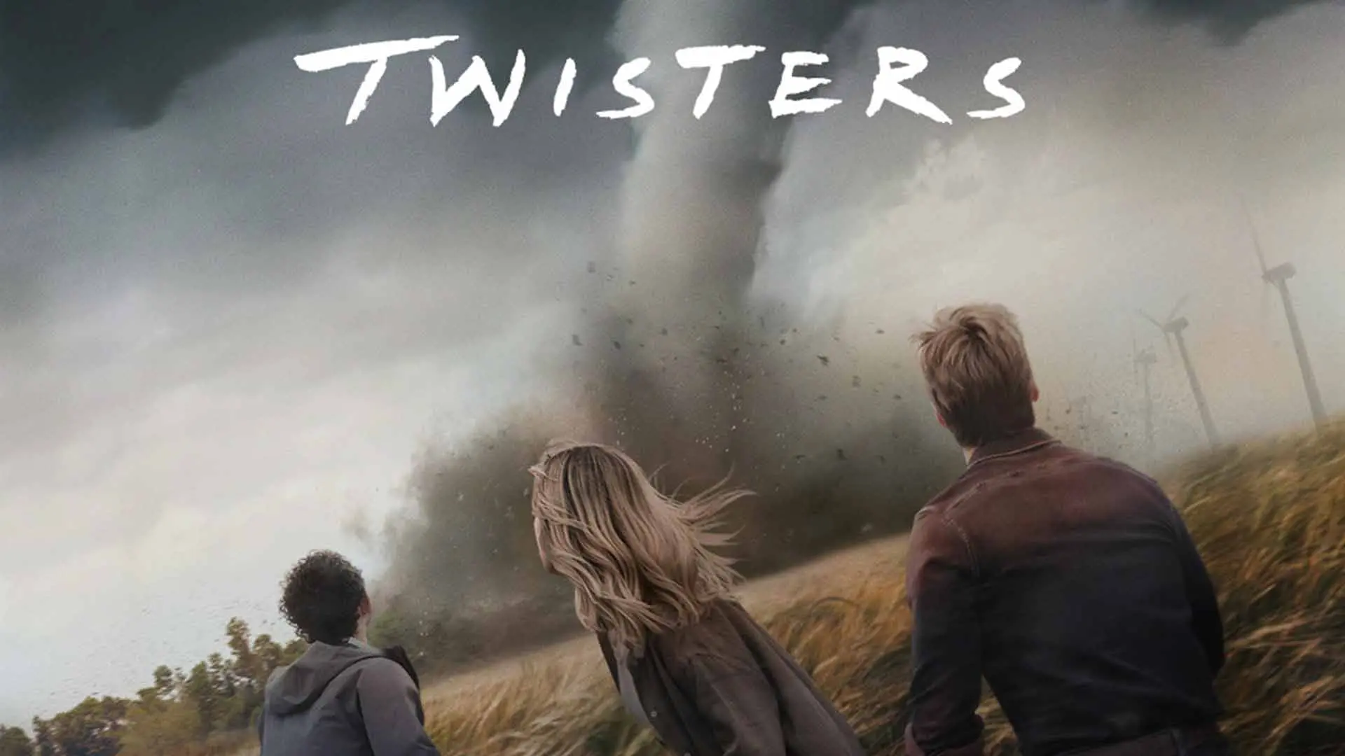 ۳ بازیگر اصلی فیلم Twisters در حال نگاه کردن به گردبادی بزرگ